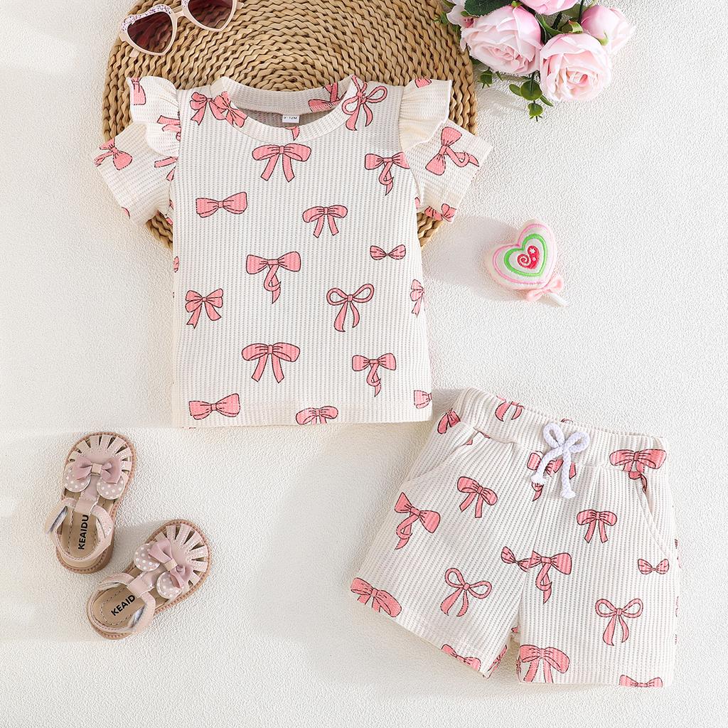Girls' Short-sleeved Top + Shorts Set Bow Print Summer Fashion Two-piece Set