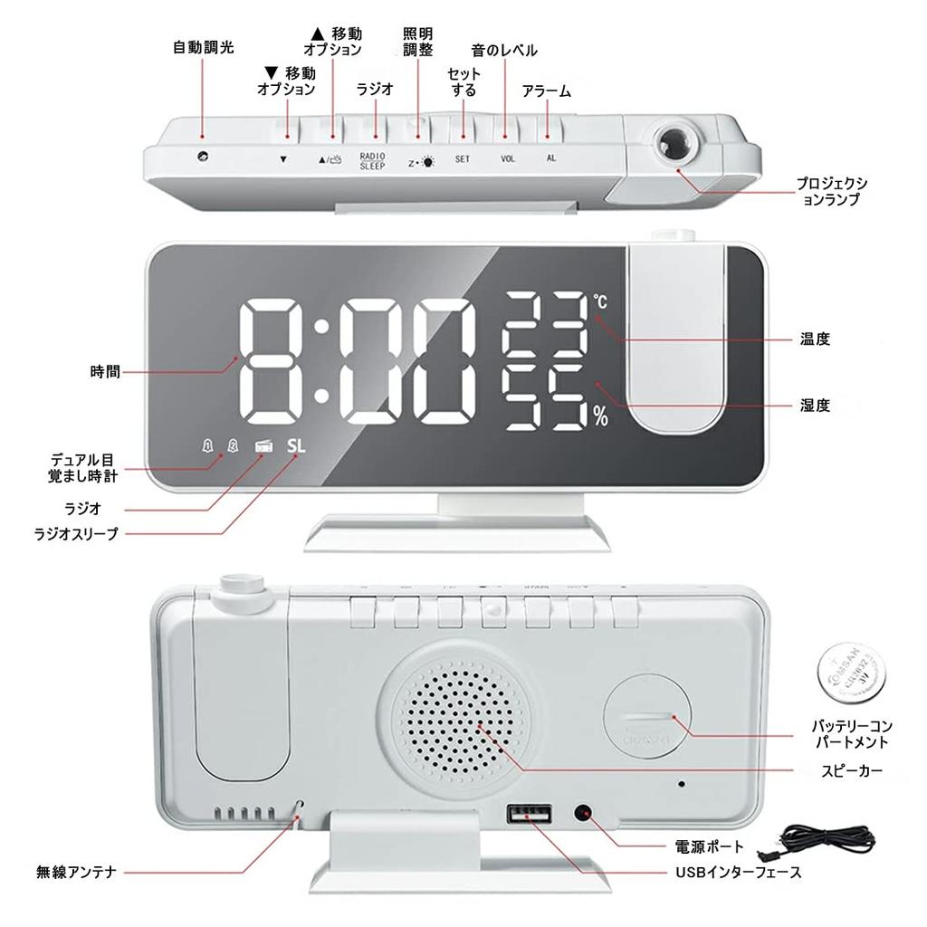 KKYOYRE Projection Clock, Digital Alarm Clock, LED Large Screen, FM Radio, Adjustable Volume, Temperature and Humidity Display, USB Powered, Four