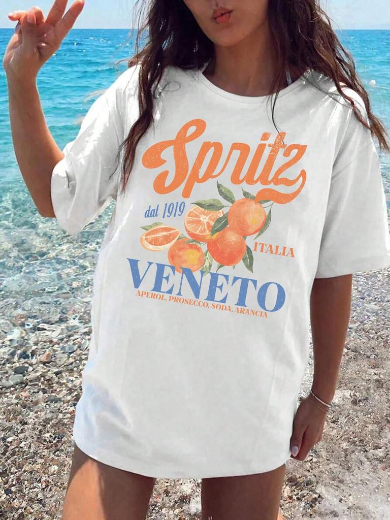 Spritzy Veneto Funny Orange Fruits Design T-Shirt Women Sport Summer Short Sleeve Cotton Hip Hop Tops Casual Loose Sportswear