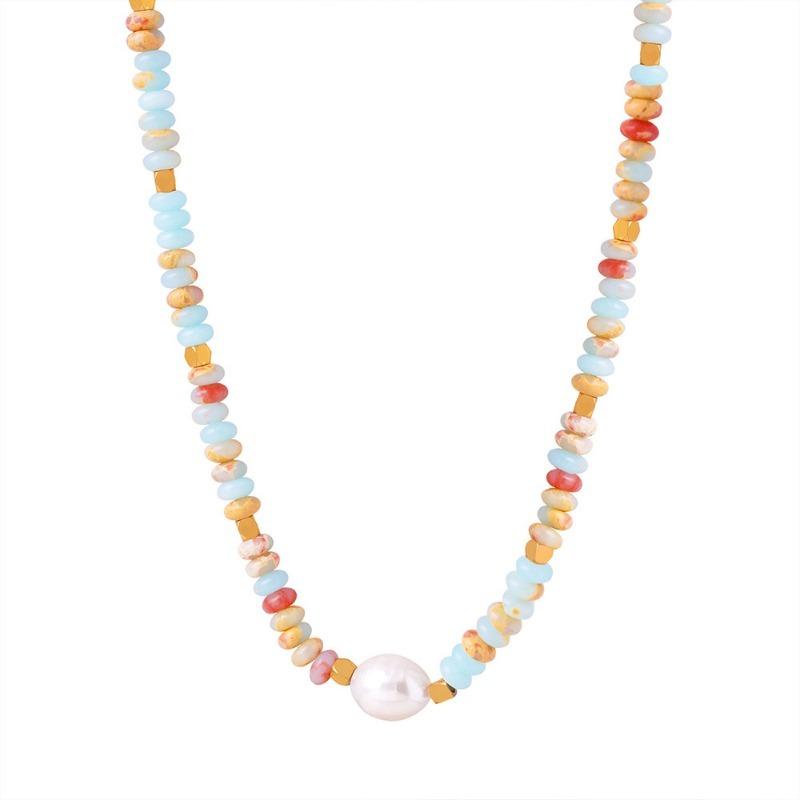 Gold Plated Light Blue Natural Stone Beaded Baroque Pearl Necklace
