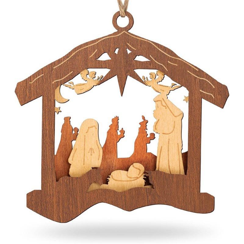 Merry Christmas Tree Nativity Scene Ornaments Happy New Year Decor Wood Hung Crafts Pendants Home Unique Window Decoration Gifts