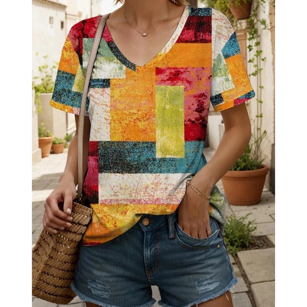 Summer plaid women's V-neck T-shirt outdoor casual short-sleeved top