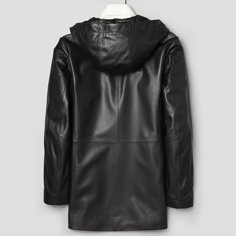 Men's Genuine Lambskin Hooded Leather Jacket, Slim Fit, Mid-Length Outerwear