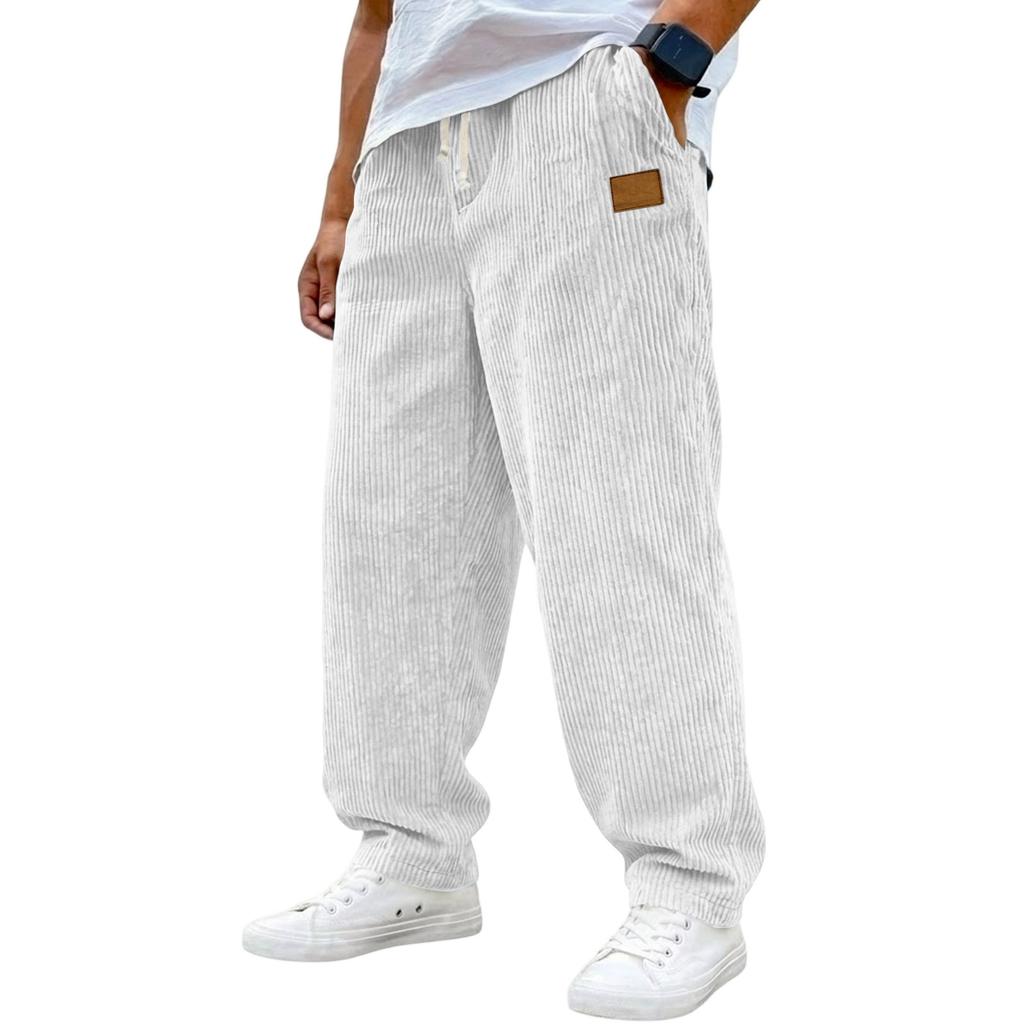 Mens Corduroy Loose Fit Trousers Casual Drawstring Waist Wide Leg Pants Relaxed Fit Corduroy Pants with Pockets for Everyday Wear