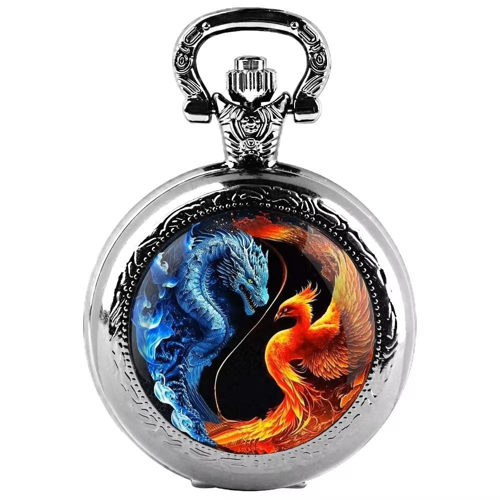 Vintage Retro Dragon Phoenix Chinese Yin yang Quartz Unisex Men Women Pocket Watch Quartz Necklace Pendant Clock Chain  Classic Dial Jewelry Gift
