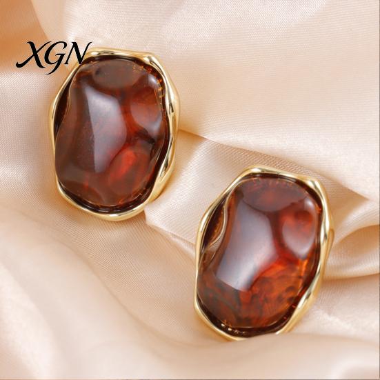 Gift for Her on Birthday 1 Pair Natural Healing Stone Stud Earrings Women, Gold Lightweight Daily Wear Plated Oval Resin Earrings, Faux Crystal