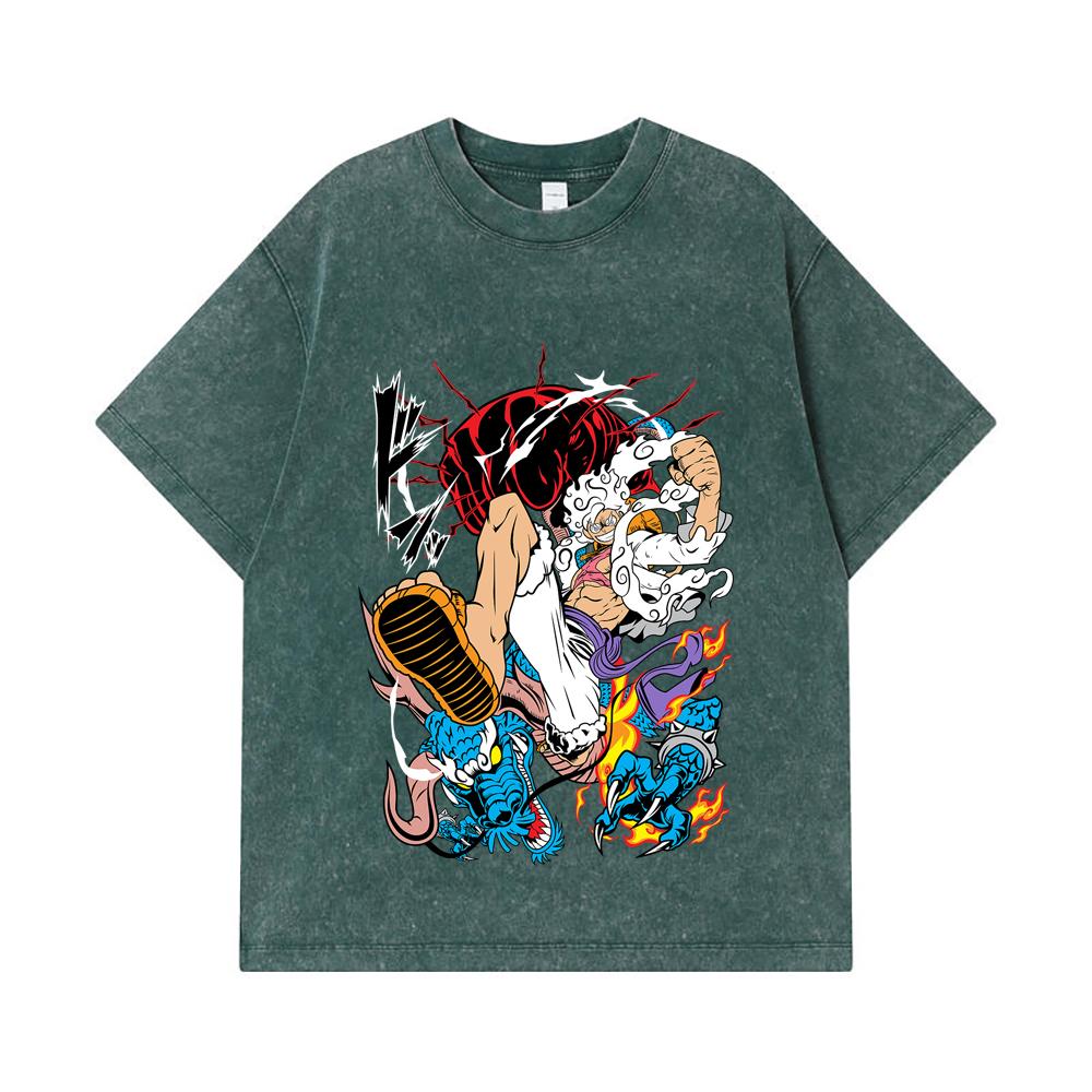 275 GSM Washed T-shirts 100% Cotton One Piece V7 Luffy Kaido Print Unisex Heavy Cotton T Shirt