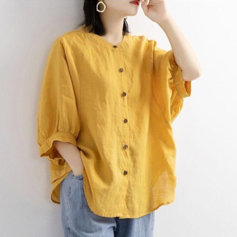 Summer Cotton Shirt Women's Lantern Sleeve Retro Blouse Large Size Loose Mid-sleeved Shirt Women