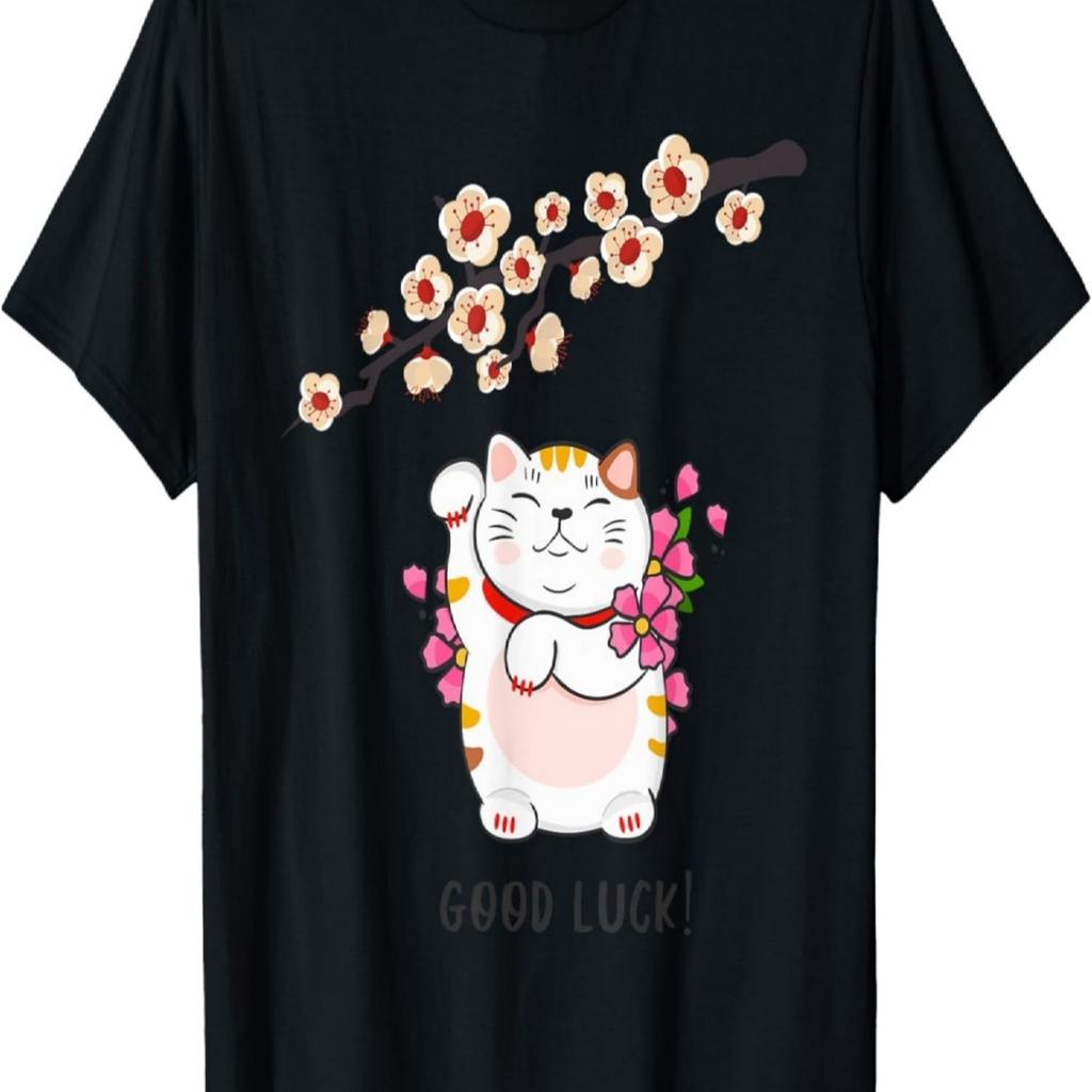 Maneki Neko Lucky Cat Cherry Blossom T-Shirt