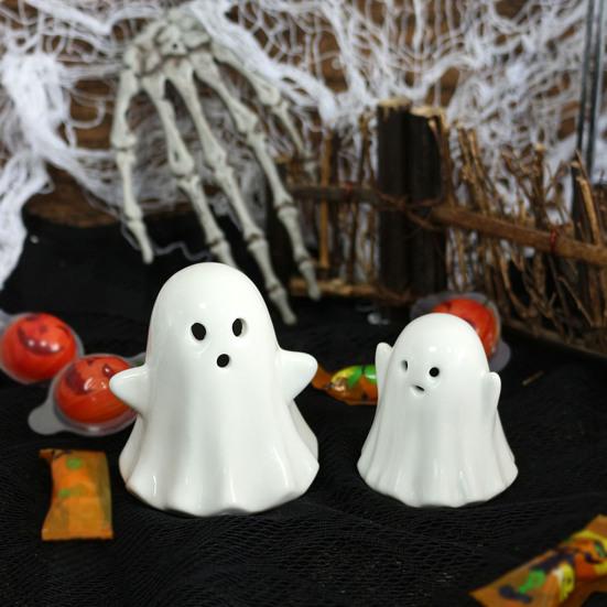 Yousheng 2 Pcs Ceramic Ghost Figurine Light-Up White Ghost Statue Small LED Ghost Halloween Tabletop Sculptures for Indoor Table Tray Shelf Bedroom