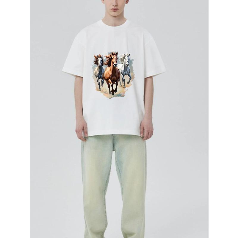 Men's T-Shirt Black Three Horses Running Print Casual Wear For Everyday Outfits And Outdoor Activities