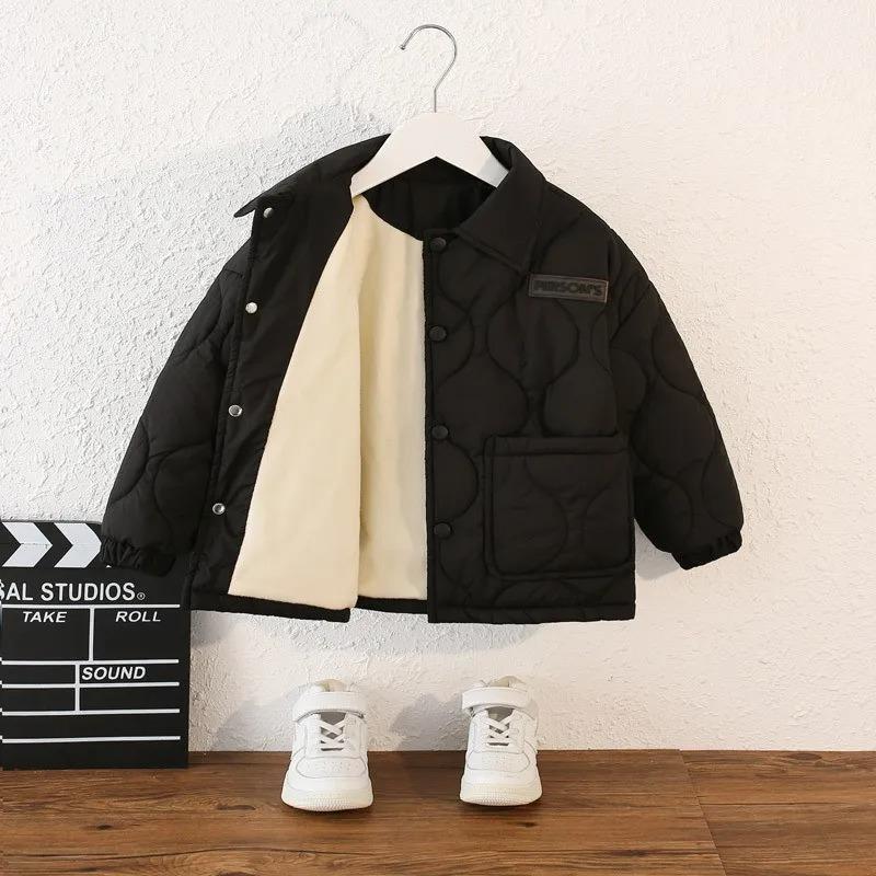 Autumn Kids Jacket Winter Boys Solid Color Thick Plus Velvet Warm Coat Teen Children Outerwear Clothing