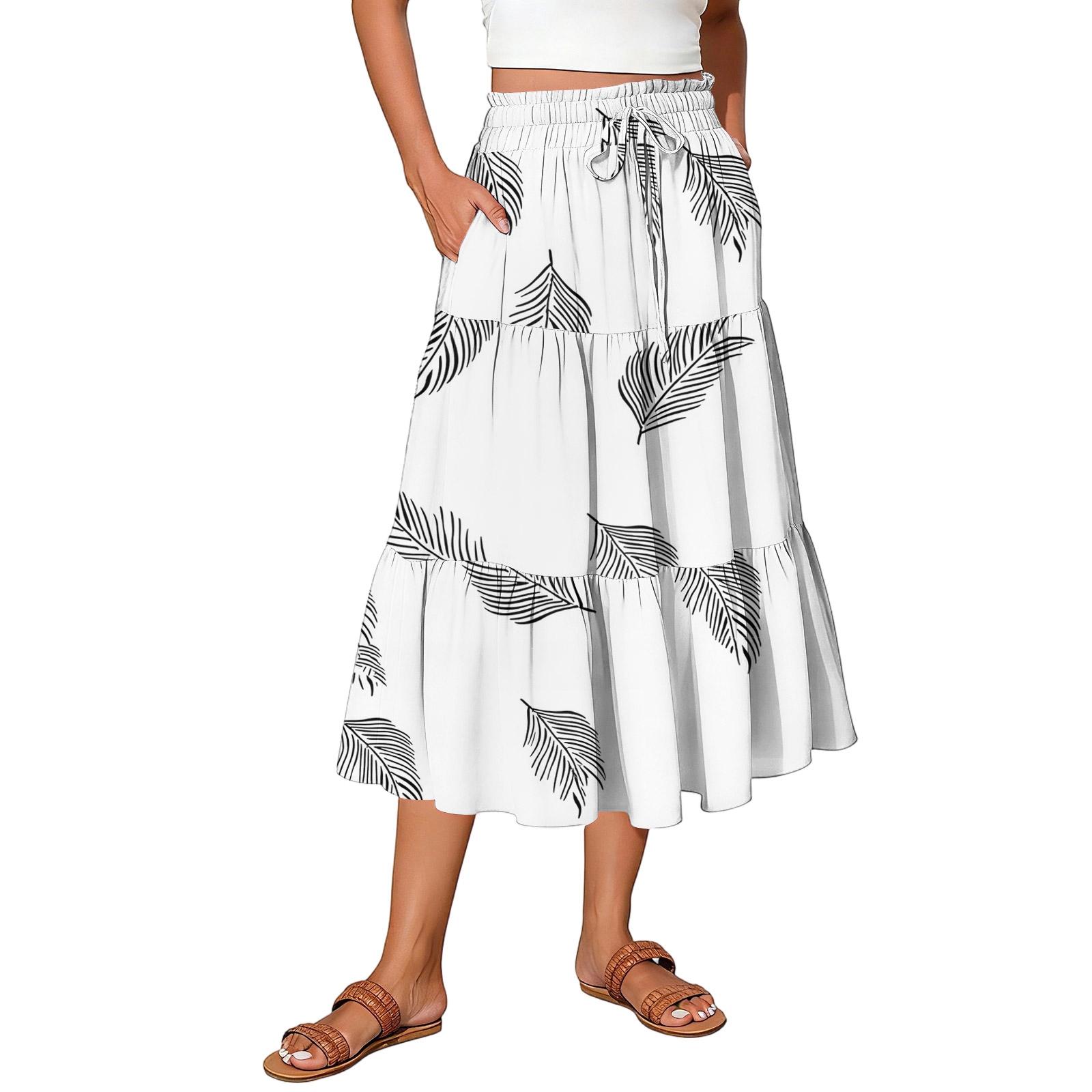 

Жіноча максі-спідниця на кулісці з високою посадкою, літня довга спідниця, легка ярусна спідниця, що струмує, з квітковим принтом, плісирована спідниця XL білий