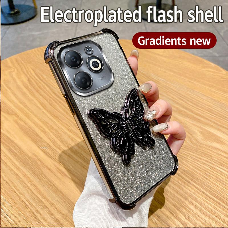 Glitter Plating Butterfly Bracket Holder Phone Case For Funda Xiaomi Redmi Note 15 Pro Plus Redmi 15C 4G 5G POCO C85 Stand Cover