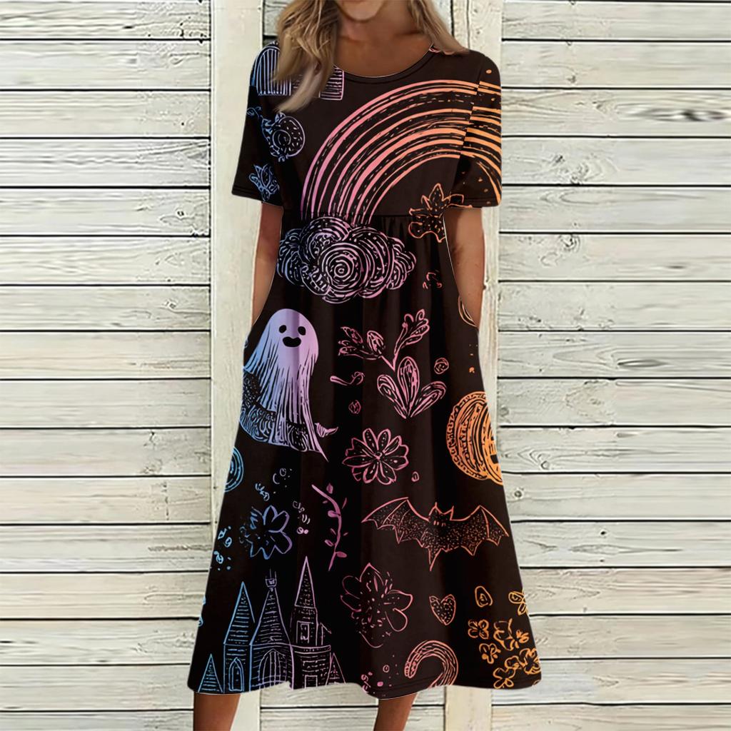 Women's Casual Halloween Printed Dress Short Sleeve Round Neck Pocket Midi Dress Plaid Pattern Comfortable Fit