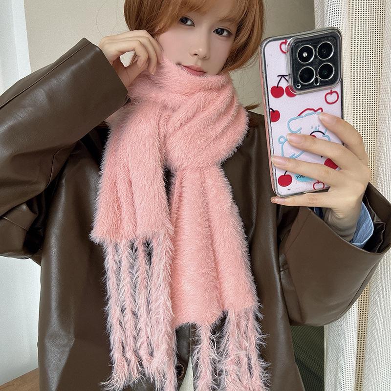 Luochi Knitting~Candy Color Plush Scarf: Soft, Skin-Friendly, Warm Tassels & Braids, Versatile Winter Neck Warmer for Women.