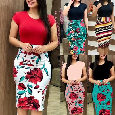 Kurzarm-Damenkleid, farblich passendes hüftbetontes Blumenkleid, Übergröße, Damenbekleidung