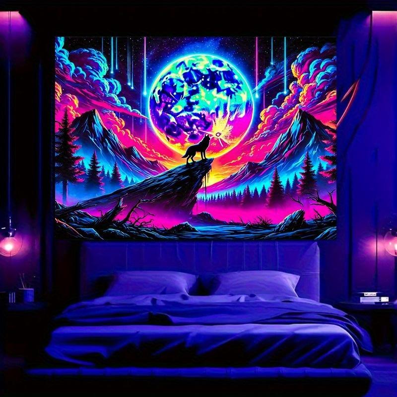 Cyber Wolf Moon Tapestry Neon Purple Blue Moon Mechanical Wolf Howl Sci-Fi Bedroom Theme Party Decoration 100X70CM