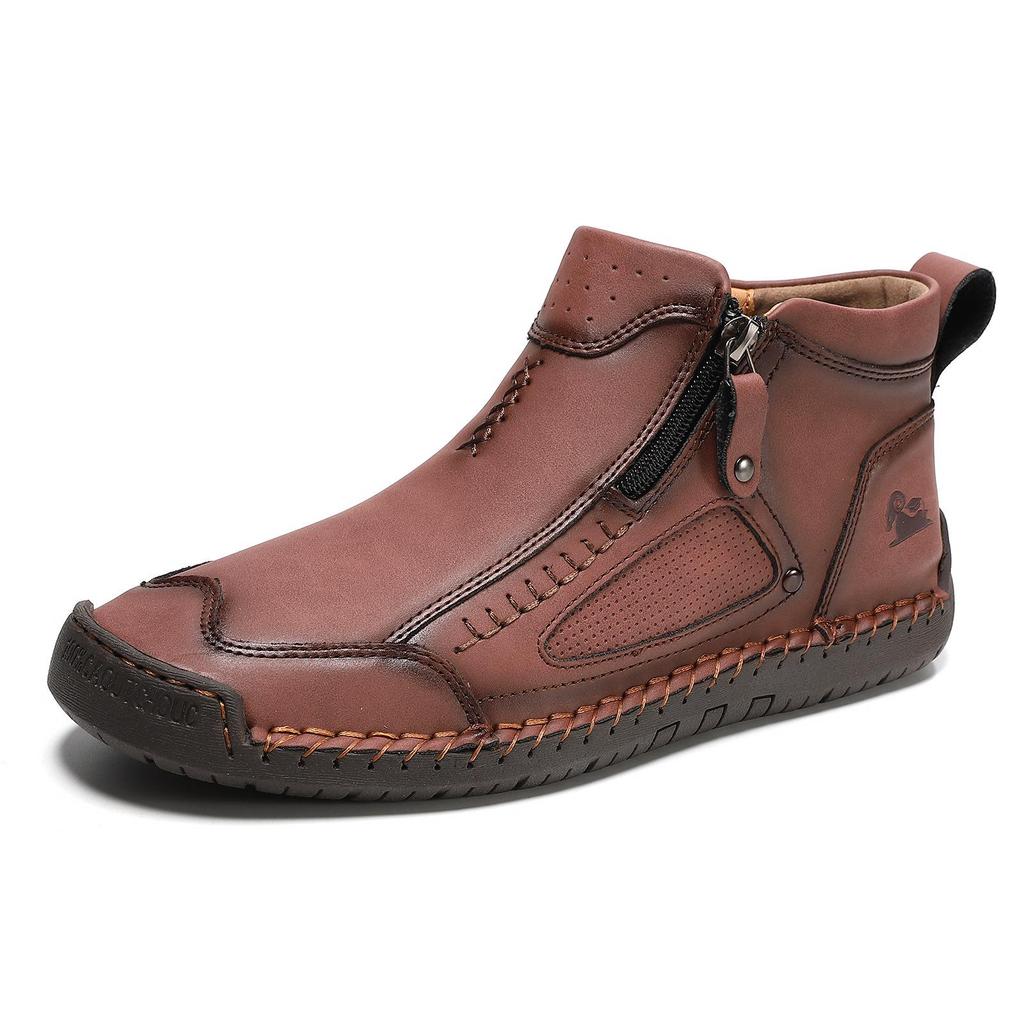 New Classic Handmade Leather Men's Shoes with Zipper Design Outdoor Sneakers Casual Flat Shoes Men Work Shoes Ankle Boots