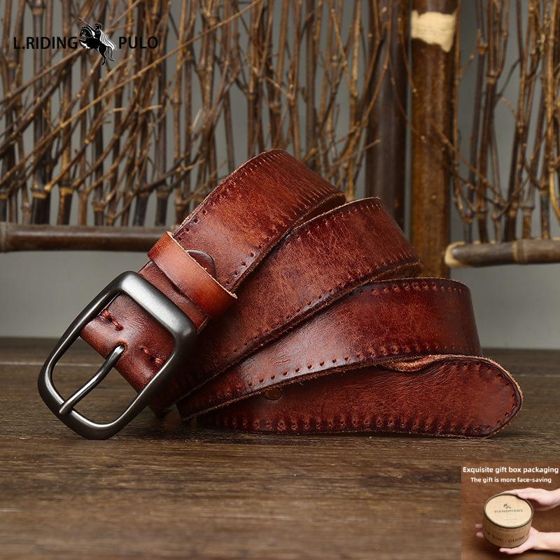 Fashion Retro Distressed Wrinkled Leather Belt for Men and Women Genuine Leather First Layer Cowhide Casual Jeans Belt