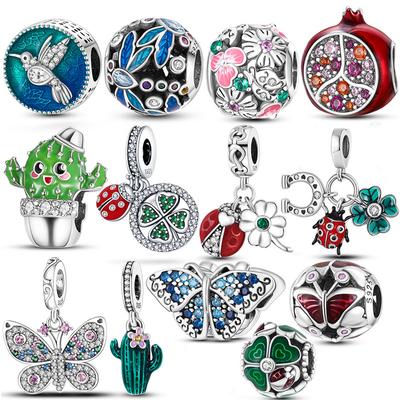 925 Sterling Silver Butterfly Ladybug Cactus Lucky Four Leaf Clover Dangle Charm Beads Fit Charm Bracelet Original 925 Jewelry
