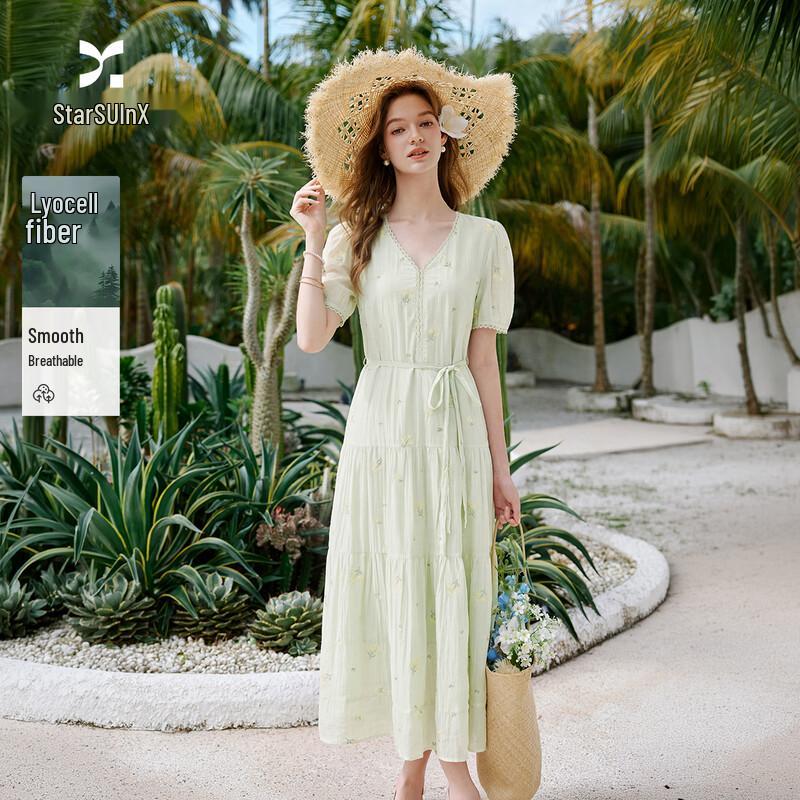 Women s French Floral Embroidered Puff Sleeve A-line Dress XL зелёный