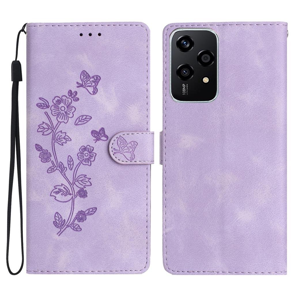 For Honor 200 Lite Case Leather Imprinted Flower Phone Cover Wallet with Wrist Strap