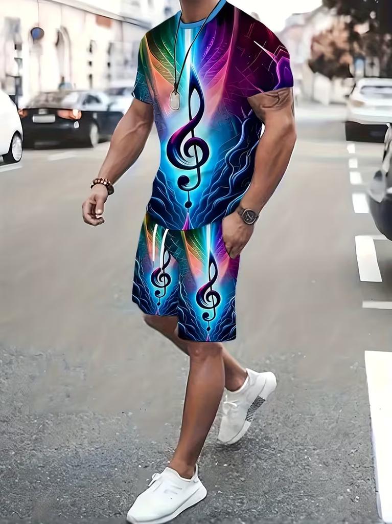 Men's Summer Leisure Set Piano Theme Print T-Shirt & Shorts Breathable Casual Outfit for Holiday/Beach
