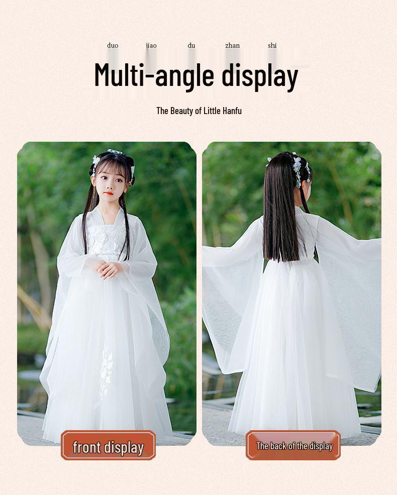 White Girls' Hanfu: New Style Ancient Chinese Fairy Dress with Flowing Guzheng Skirt for Children