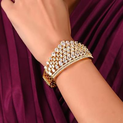 Rose Gold Siver Plated Green Pink White American Diamond CZ Stone Crown Design Openable Stylish Hand Bracelet for Women/Girls