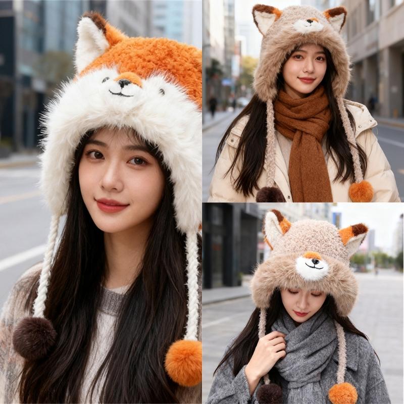Furry Ears Plush Winter Hat for Women Girl Warm Comfortable Unisex Earflap Cap for Skiing Camping Daily Outdoor Use