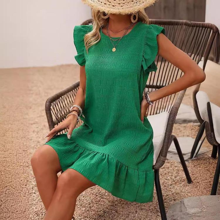 Women Summer Solid Color One Piece Dress Loose Ruffles Fly Sleeve Above Knee Holiday Beach