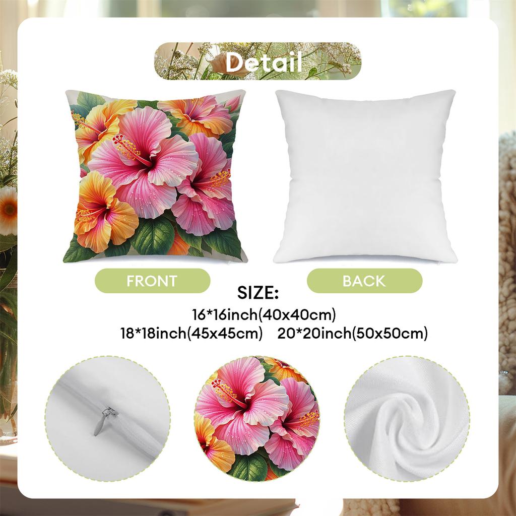 Vibrant Hibiscus Flower Pillow Covers, Tropical Floral Bouquet Art Decorative Throw Pillow Cases, Exotic Summer Home Decor 4Pcs