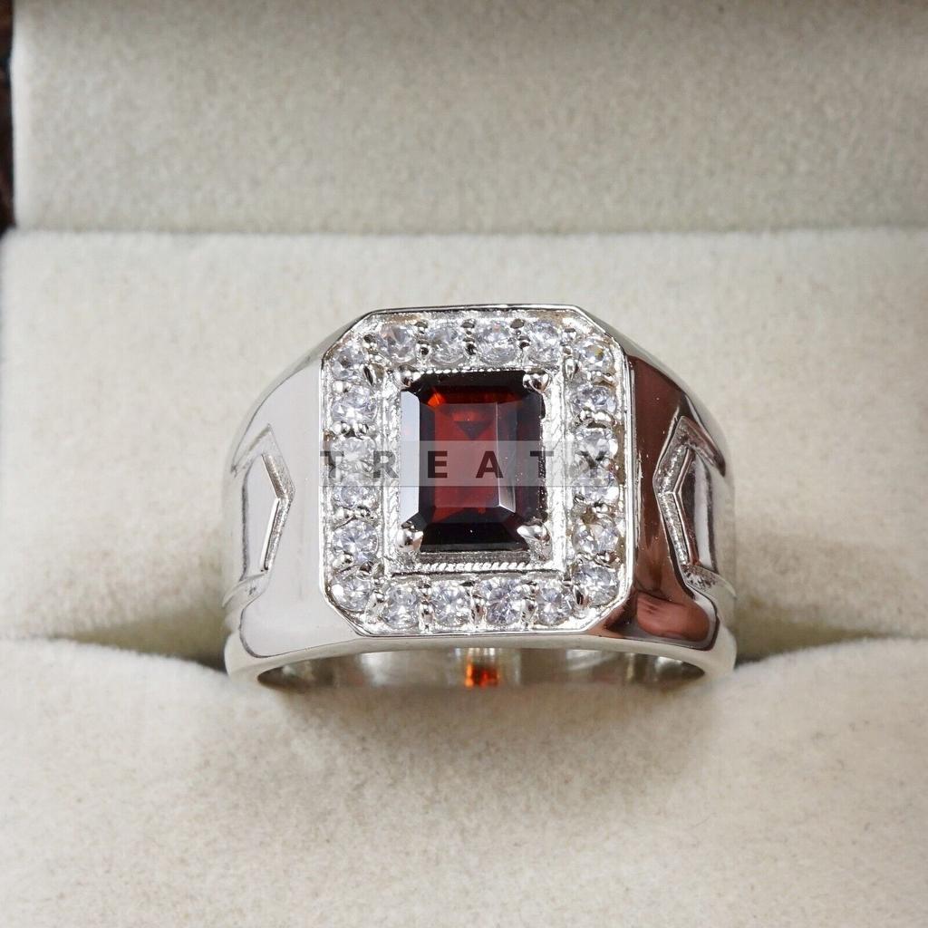 Garnet Emerald Cut Gemstone With 925 Sterling Silver Ring For Men's #B753 JL375692863815