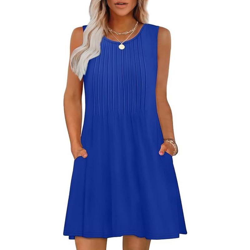 Dámské strečové bezrukávové šaty s potiskem a kapsou s kulatým výstřihem