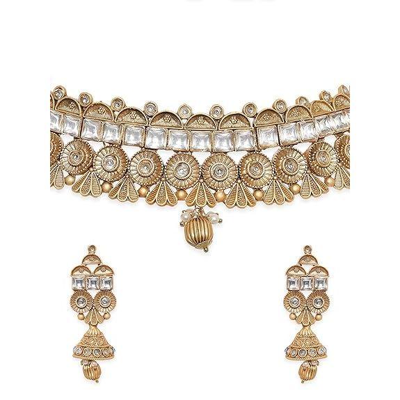 Gold-Plated Handcrafted Artificial Kundan Jewelry Choker Set with White Stone Matching Earrings For Women and Girls