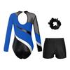 Girls Long Sleeve Shiny Rhinestones Patchwork Leotard V Front Waistband Shorts Hair Band Gymnastics Performance Set