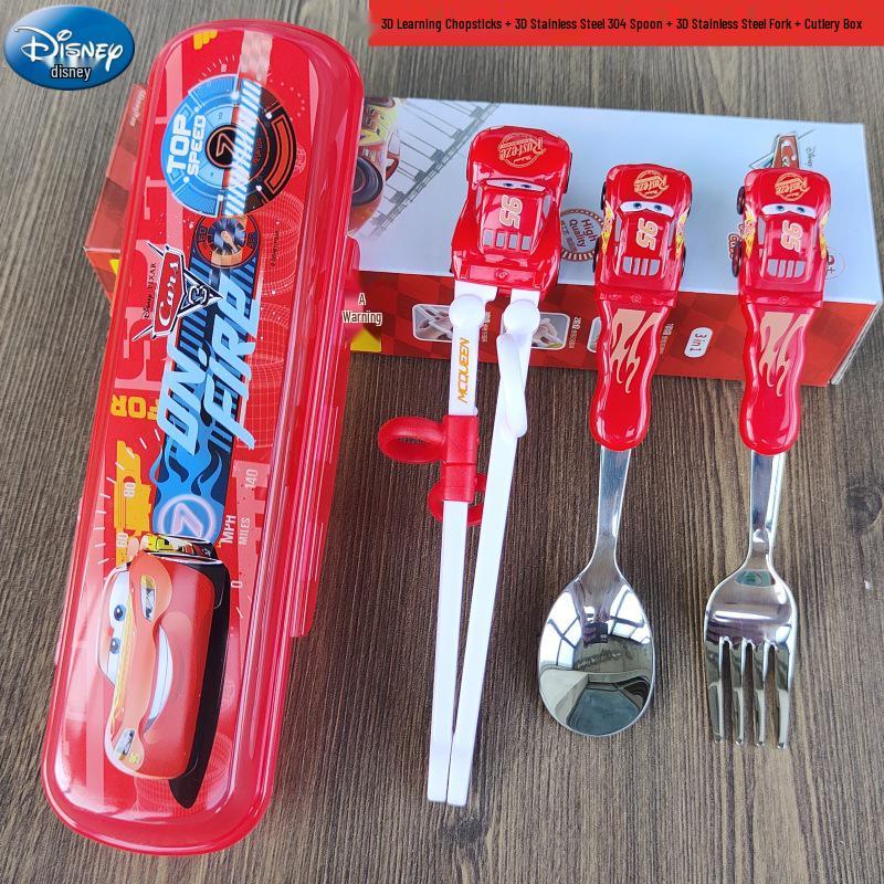 Disney 3D Cartoon Children's Stainless Steel Cutlery Set: Fork, Spoon, and Training Chopsticks