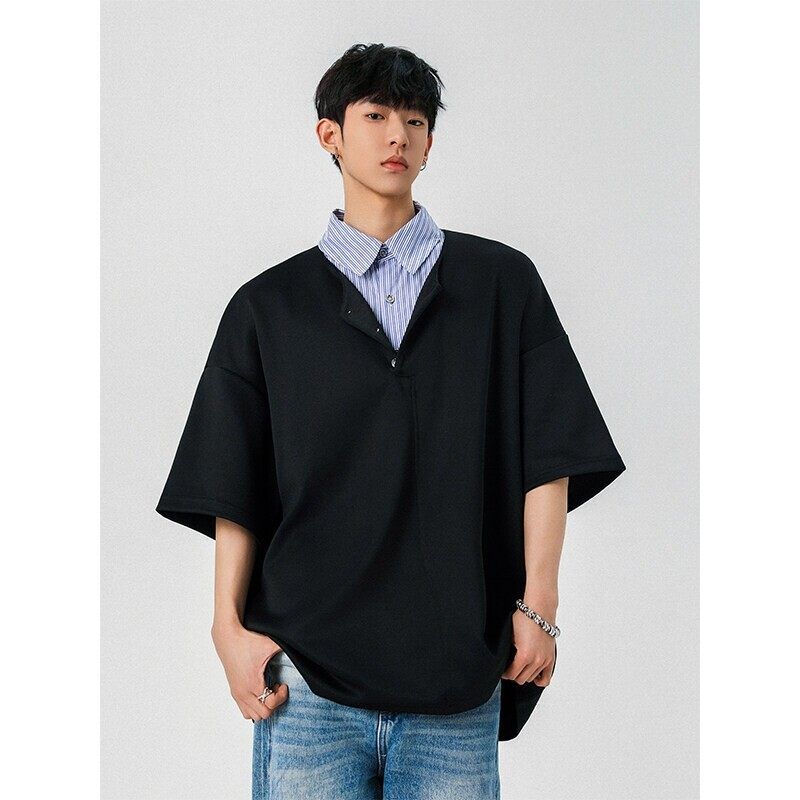 Dongjie Nologo Summer Two-Piece Patchwork Striped Lapel Short-Sleeve T-Shirt for Men, Bai Jingting's Goodbai Top