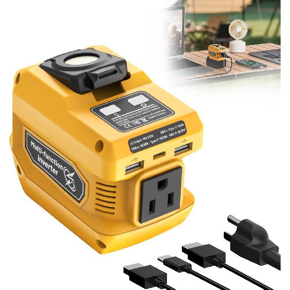 220W Portable Power Inverter Compatible With Dewalt 20V Battery, DC 20V To AC 110V Battery Inverter, Power Station With 400LM LED Work Light, 1 AC
