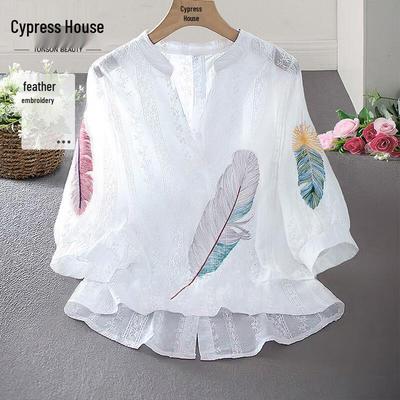 Silkbay Damen-Bluse mit Stickerei und V-Ausschnitt, Laternenärmeln