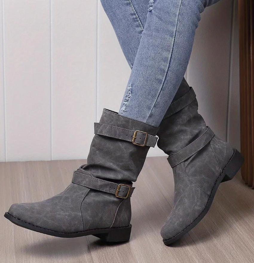 

2025 autumn and winter belt buckle round head thick-soled medium boots women s European and American style flat bottom low-heeled leather boots a 43