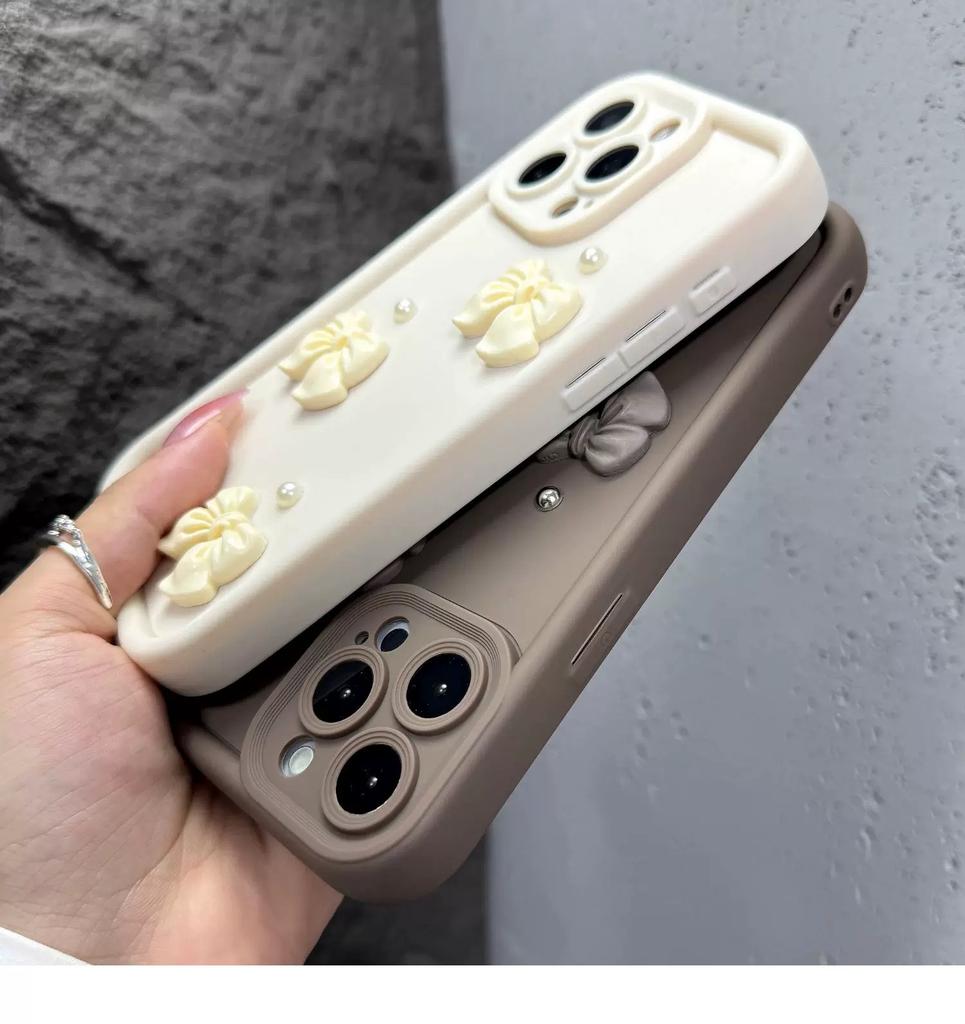 Cute 3D Bow Pearl Phone Case for iPhone 15 14 13 Pro Max Pink Shockproof Cover