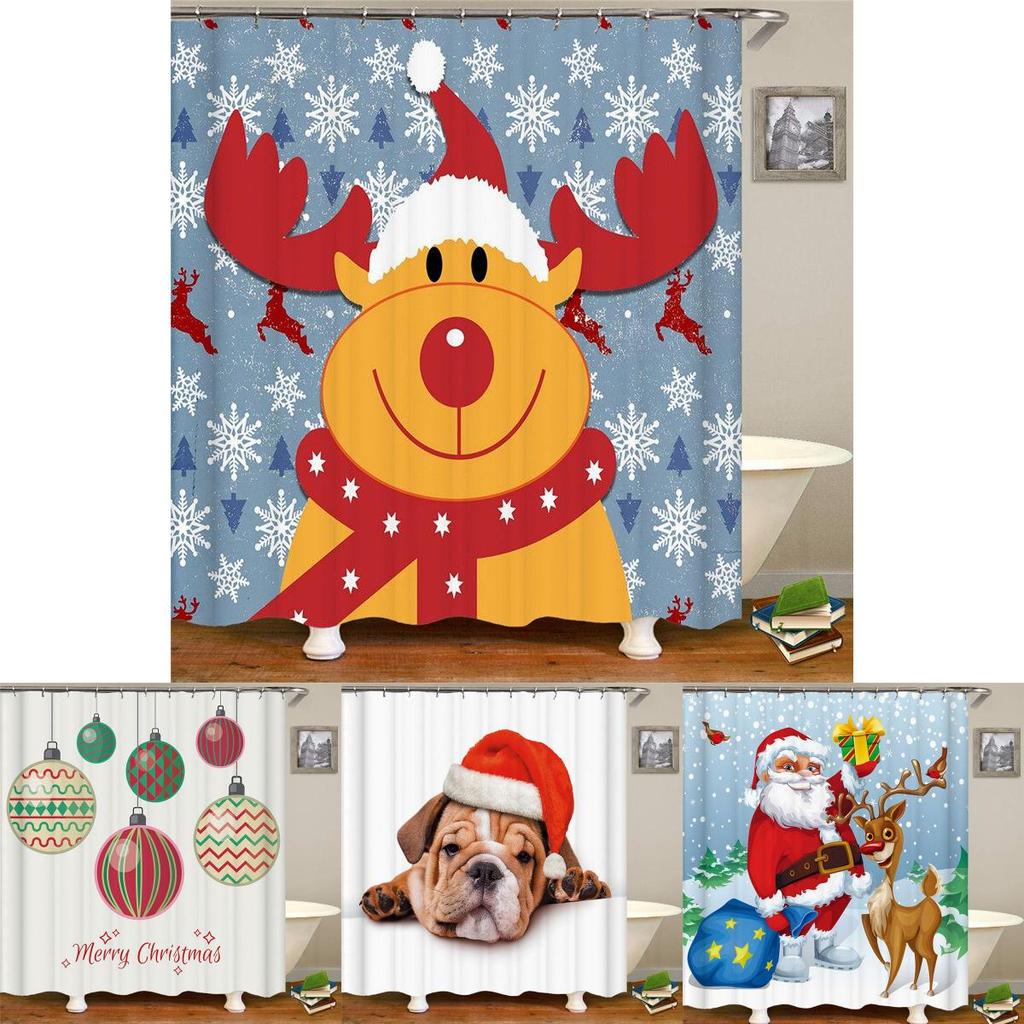 Christmas Shower Curtain With Hooks Durable Waterproof Bathroom Decor Santa Claus