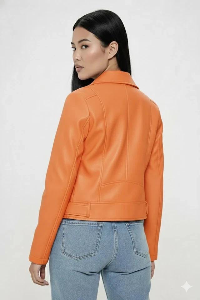 Genuine Wear Casual Jacket Handmade Party Stylish Orange Leather Women Lambskin