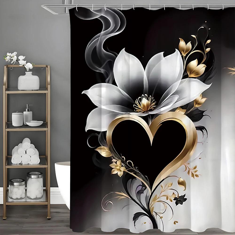 Flower Heart Shower Curtain, Bathroom Decorative Shower Curtain, Waterproof Shower Curtain with Hooks