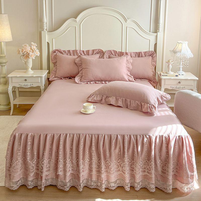 3pcs Solid Color Double-Layer Lace Embroidered Bed Skirt Kit with 1pc Bed Skirt + 2pcs Pillowcases Easy-to-Remove Mattress Protector Cover