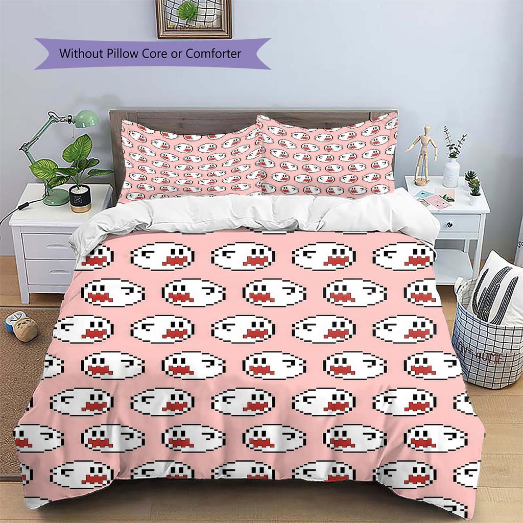 Boo Mario Pattern Bedding Home Decoration Birthday Gift ( 1 Duvet Cover + 2 Pillowcase, Without Core),fan Merchandise.