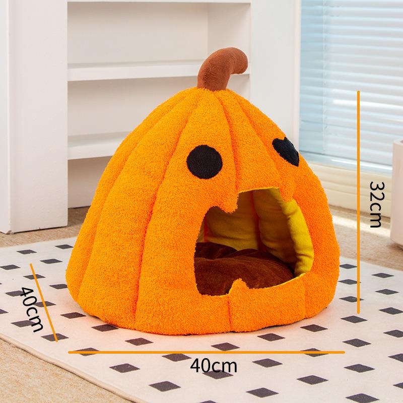 2026 New Fall/Winter Halloween Pumpkin Semi-Enclosed Cat Bed Soft and Warm Dog House Pet Supplies Comfortable Dog Bed