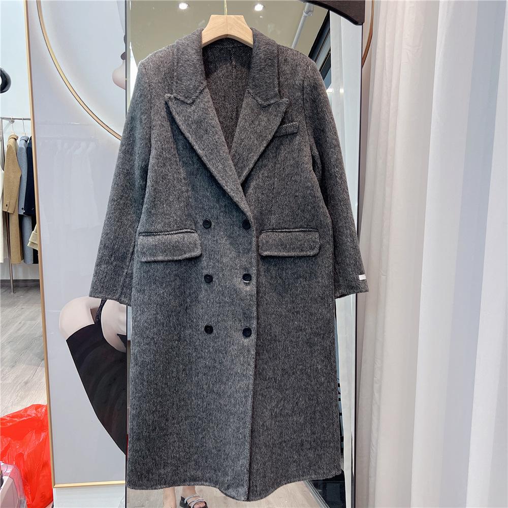 2024 Autumn/Winter Korean High-End Double-Sided Cashmere Suit Coat for Women - Thickened Grey Woolen Coat